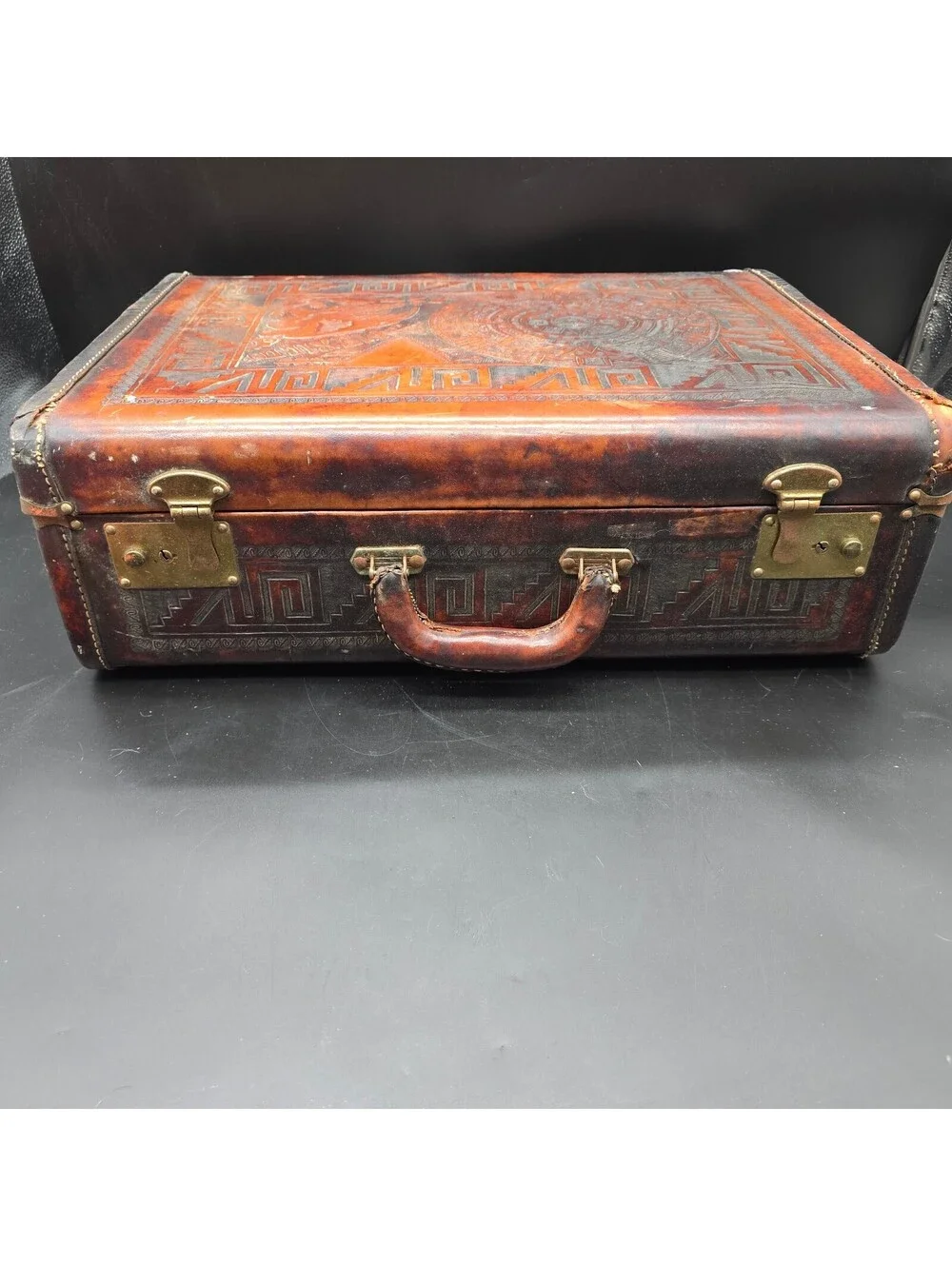 Vintage 1950s House of Oppenheim Mexican Hand Tooled Leather Suitcase Aztec Key